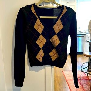 Brandy Melville Women’s Navy/Beige/Kelly Green and Burgundy Argyle Sweater OS